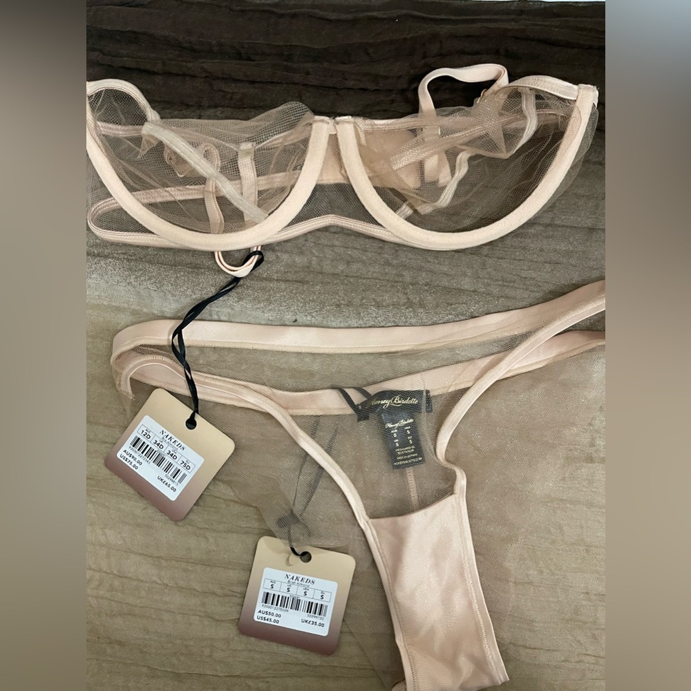 Honey Birdette Almond Nakeds Bra (34D) and panty (S) set. BNWT